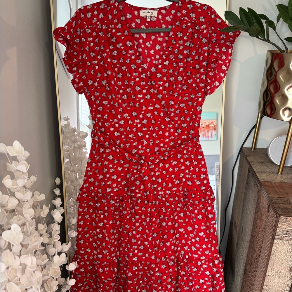 Red Floral Wrap Midi Dress